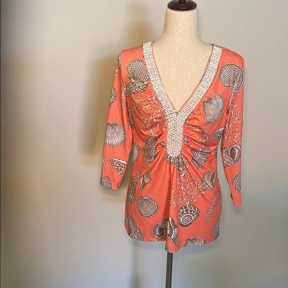 NWOT never worn Boston Proper top with bead detail. Coral and white - Picture 1 of 4